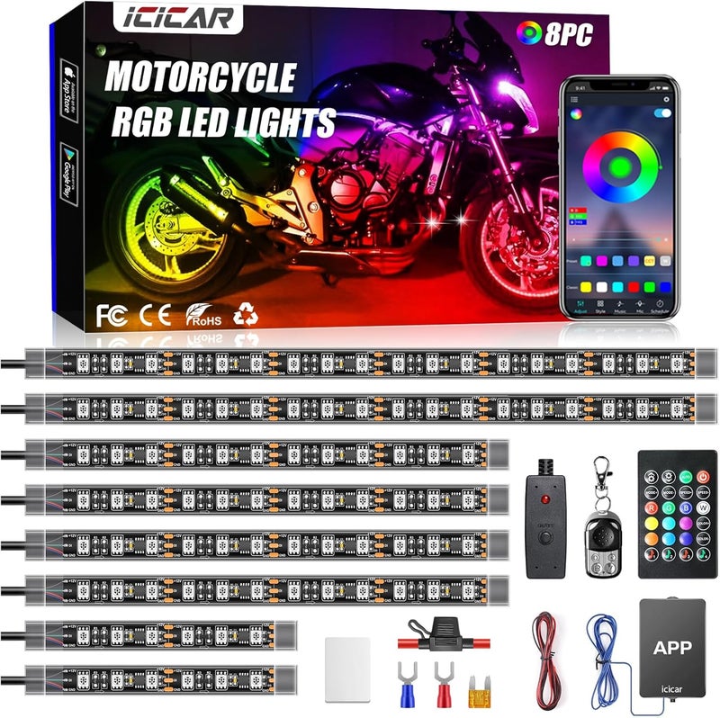 icicar 8pcs Motorcycle LED Lights Motorcycle Underglow LED Light Kit Upgraded App Control RGB 16M Colors Brake Light Music Mode IP68 Waterproof w/Dual RF Remote Control LED Lights for Motorcycles - Image 1