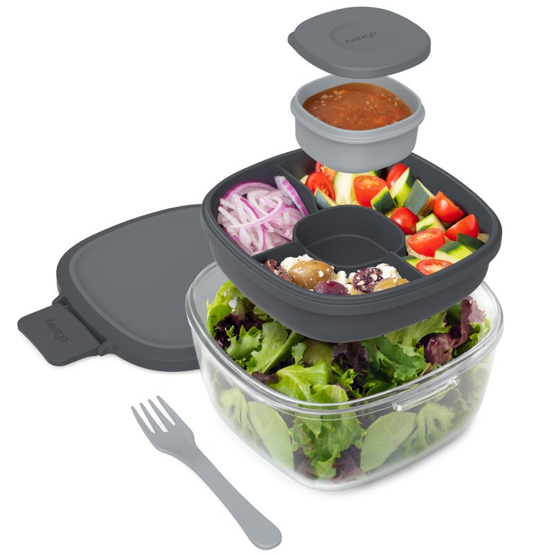 Bentgo Glass All-in-One Salad Container - Large 61-oz Salad Bowl with Lid  4-Compartment Bento-Style Tray  3-oz Sauce Container  and Reusable Fork - Dishwasher  Microwave  and Oven Safe (Dark Gray) - Image 1