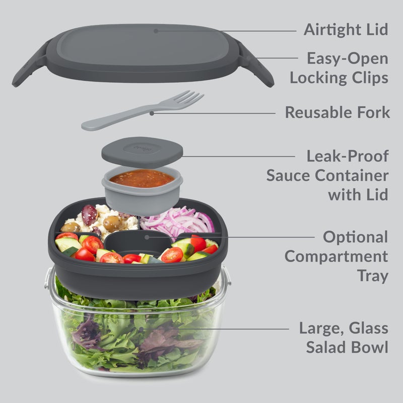 Bentgo Glass All-in-One Salad Container - Large 61-oz Salad Bowl with Lid  4-Compartment Bento-Style Tray  3-oz Sauce Container  and Reusable Fork - Dishwasher  Microwave  and Oven Safe (Dark Gray) - Image 5