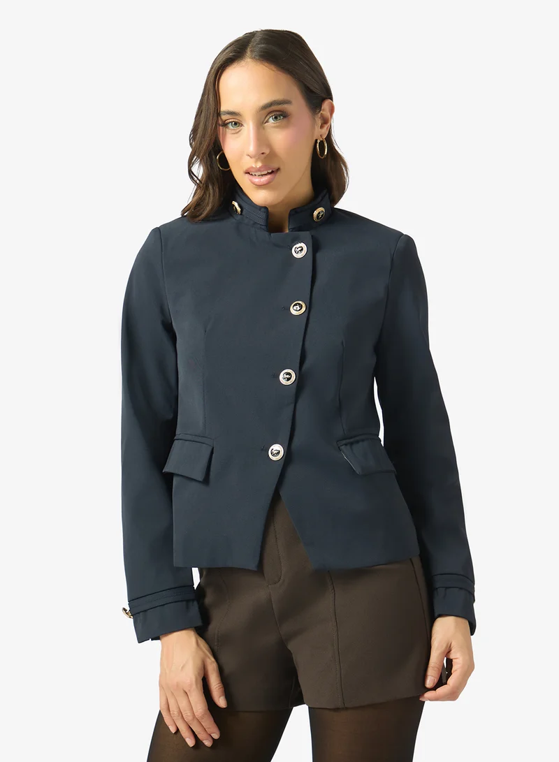 Mandarin Collar Assymetric Button Detail Napolean Jacket