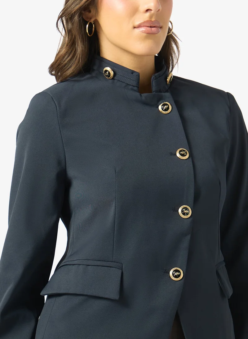 Ginger  Mandarin Collar Assymetric Button Detail Napolean Jacket for Women | Best Price UAE