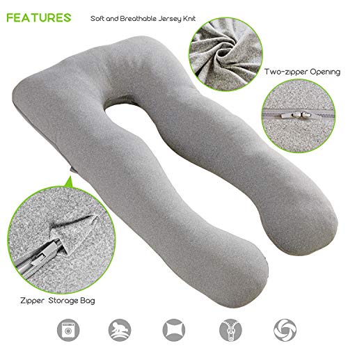 COSMOPLUS 𝐏𝐫𝐞𝐠𝐧𝐚𝐧𝐜𝐲 𝐏𝐢𝐥𝐥𝐨𝐰 𝐂𝐨𝐯𝐞𝐫 U Shaped Full Body Pillow Case 𝐂𝐨𝐯𝐞𝐫 for Maternity,Stretchy Cool Breathable Jersey Fabric,Provides Sleep and Pregnancy Support,Light Grey - Image 2