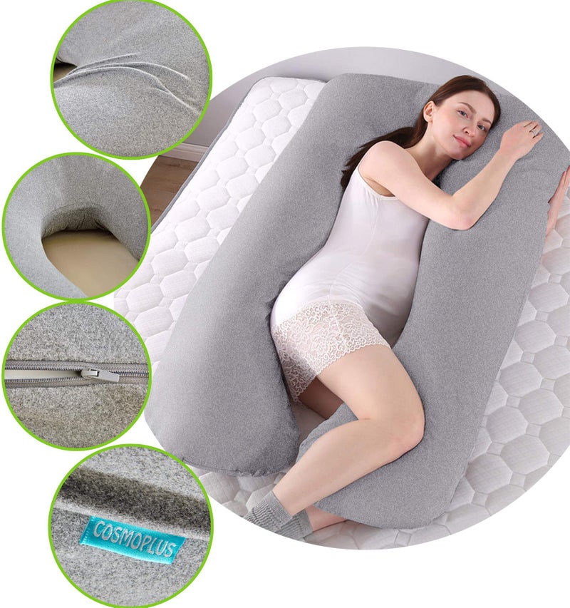 COSMOPLUS 𝐏𝐫𝐞𝐠𝐧𝐚𝐧𝐜𝐲 𝐏𝐢𝐥𝐥𝐨𝐰 𝐂𝐨𝐯𝐞𝐫 U Shaped Full Body Pillow Case 𝐂𝐨𝐯𝐞𝐫 for Maternity,Stretchy Cool Breathable Jersey Fabric,Provides Sleep and Pregnancy Support,Light Grey - Image 5