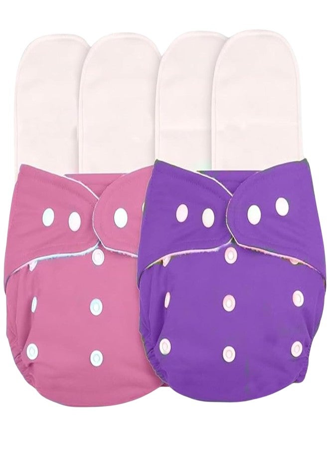 AEREX Premium Reusable Baby Cotton 2 Cloth Diapers For 0 to 3 Years With 4 Insert Pads Leak Proof Washable Diapers For New Born Babies Adjustable Pocket Cloth Diaper Nappies (Pink & Purple) - Image 1