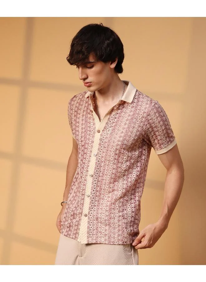 Men's Blush Pink & Peach Orange Pastel Crochet Shirt
