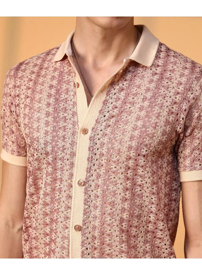 CAHOOT  Men's Blush Pink & Peach Orange Pastel Crochet Shirt for Men | Best Price UAE