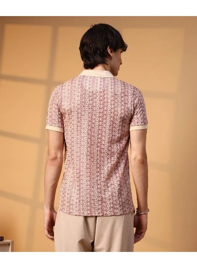 CAHOOT  Men's Blush Pink & Peach Orange Pastel Crochet Shirt for Men | Best Price UAE