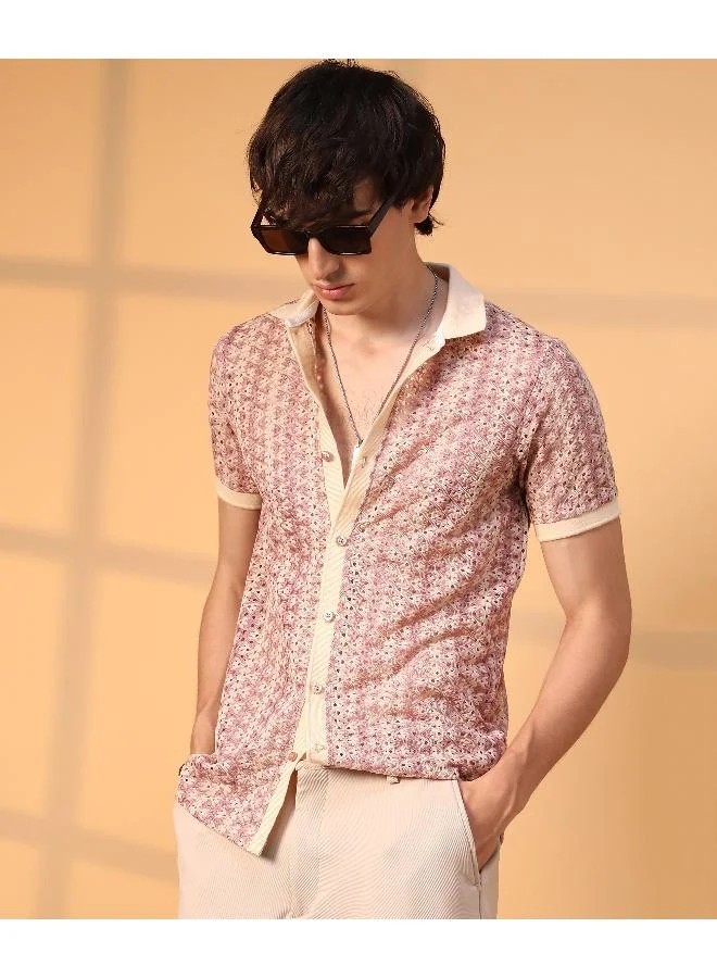 CAHOOT  Men's Blush Pink & Peach Orange Pastel Crochet Shirt for Men | Best Price UAE