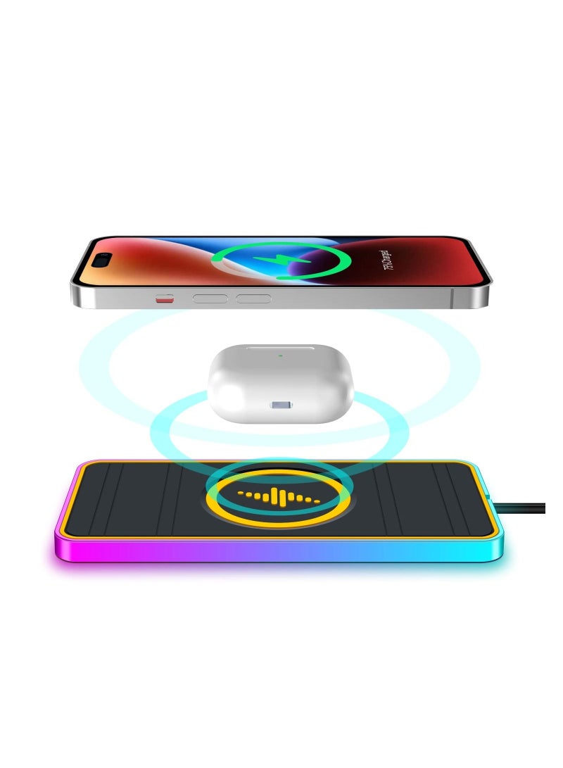 SYOSI Wireless Car Charger, Wireless Car Charging Pad Non Slip Car Wireless Phone Charging Mat, RGB Colorful Light Modes Fit for Iphone 14 13 12 11 Pro Max Xs, Samsung Galaxy S23 Ultra S22 S21 S20, Etc - Image 3
