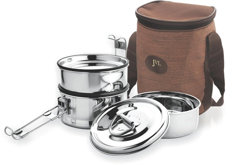 JVL Stainless Steel Tripe Layer Leak Proof Round Lunch Box, School and Office (Large) - Image 1