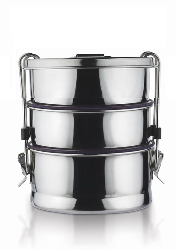 JVL Stainless Steel Tripe Layer Leak Proof Round Lunch Box, School and Office (Large) - Image 5
