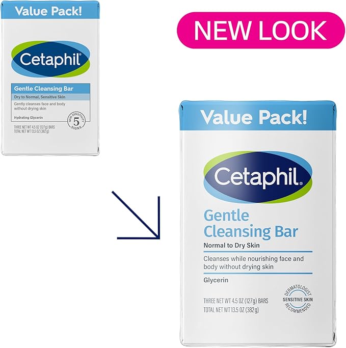 Cetaphil صابون تنظيف لطيف من CETAPHIL 45 أونصة عبوة من 3 صابون مغذي للبشرة الجافة الحساسة غير مسبب للرؤوس السوداء غير مهيج للبشرة الحساسة - Image 2