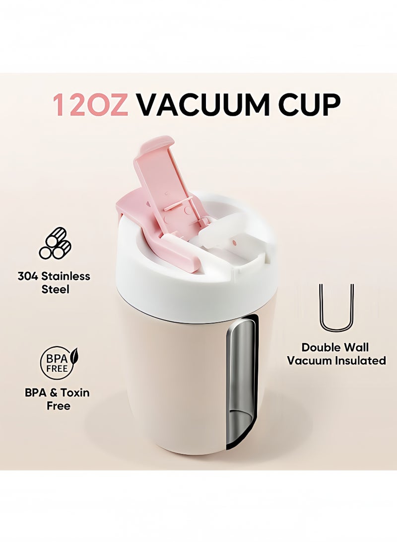 Peachjoy 12oz Ceramic-Coated Insulated Travel Mug, Double Wall Stainless Steel Tumbler with Leak-Proof Lid and Straw, Keeps Drinks Hot and Cold for Hours, Pink Reusable Cup for Men and Women - Image 4