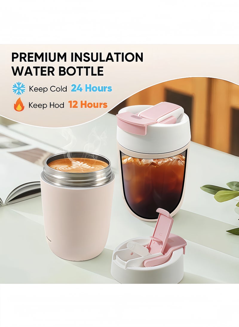 Peachjoy 12oz Ceramic-Coated Insulated Travel Mug, Double Wall Stainless Steel Tumbler with Leak-Proof Lid and Straw, Keeps Drinks Hot and Cold for Hours, Pink Reusable Cup for Men and Women - Image 5