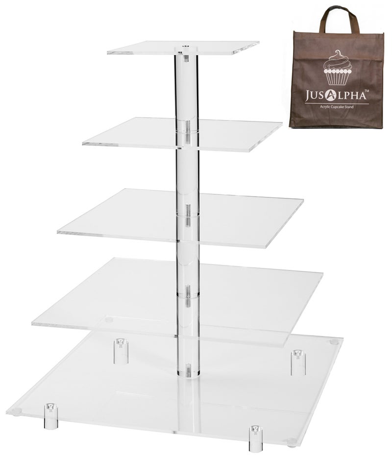 Jusalpha Large 5 Tier Cupcake StandAcrylic Square Wedding Cake Stand/Cupcake Tower/Dessert Stand/Pastry Serving Platter/Food Display Stand (5SF) - Image 1