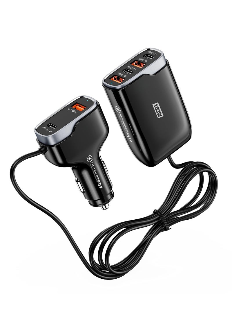 SYOSI 6 Multi Ports USB C Car Charger with PD/QC 3.0 Port, Compatible with 12-24V Vehicles, Max 103W Car Charger Adapter with 5.7FT Cable for Rear Seat Charging, Cigarette Lighter Splitter(Black) - Image 1