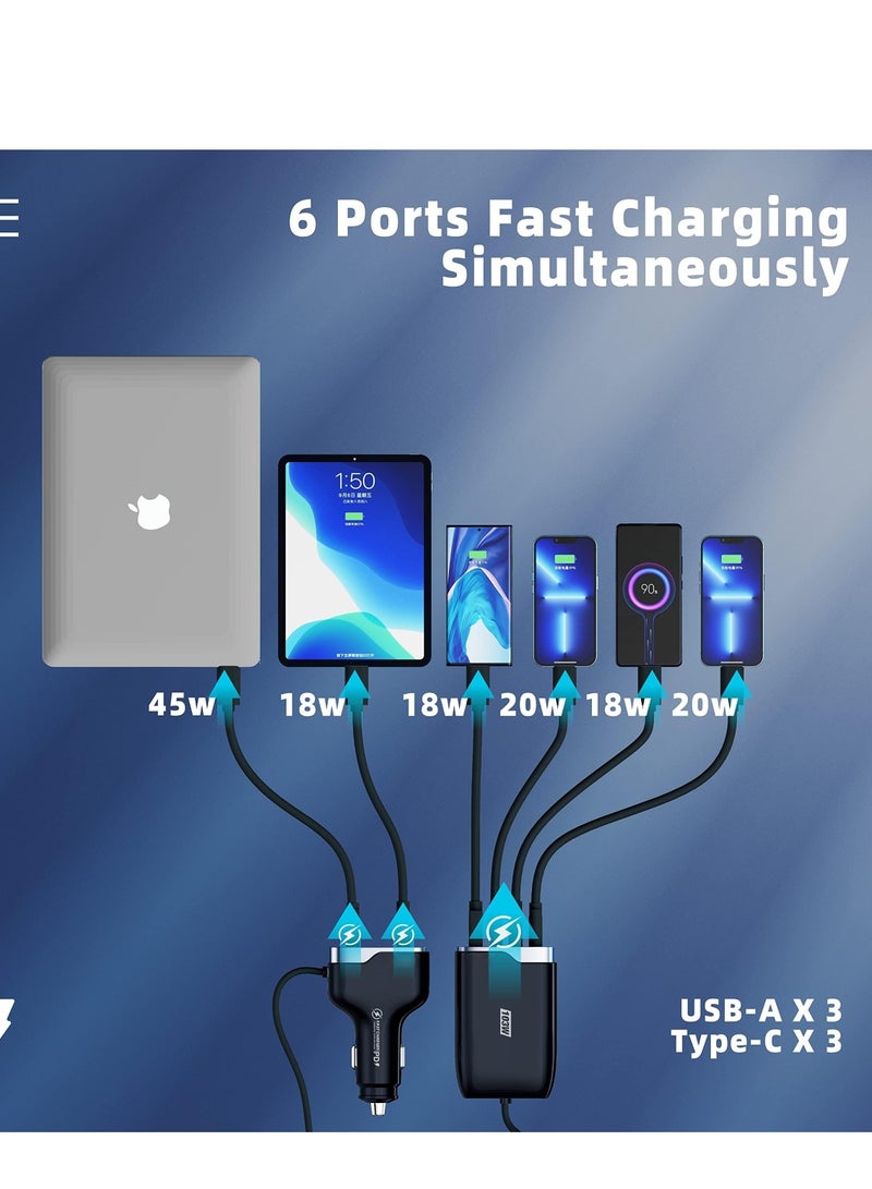 SYOSI 6 Multi Ports USB C Car Charger with PD/QC 3.0 Port, Compatible with 12-24V Vehicles, Max 103W Car Charger Adapter with 5.7FT Cable for Rear Seat Charging, Cigarette Lighter Splitter(Black) - Image 4