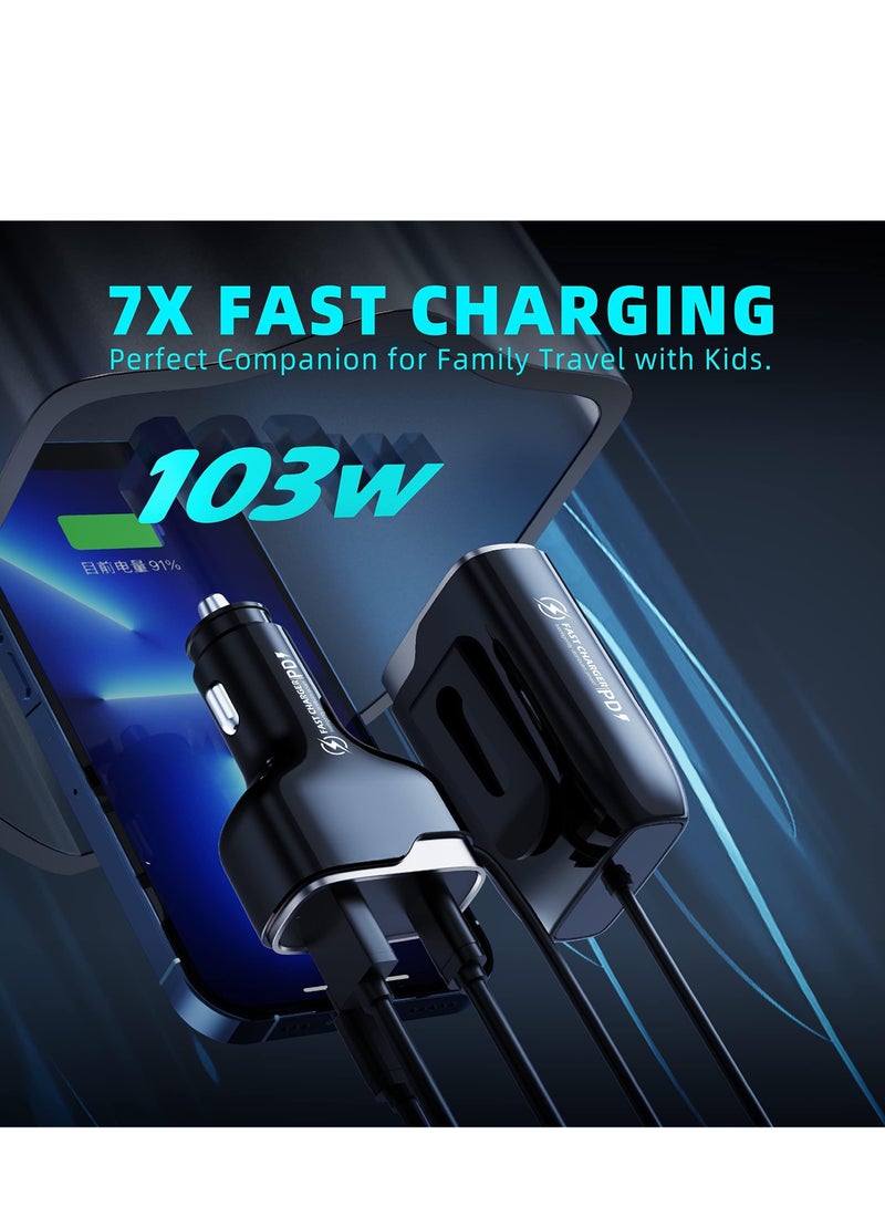 SYOSI 6 Multi Ports USB C Car Charger with PD/QC 3.0 Port, Compatible with 12-24V Vehicles, Max 103W Car Charger Adapter with 5.7FT Cable for Rear Seat Charging, Cigarette Lighter Splitter(Black) - Image 2