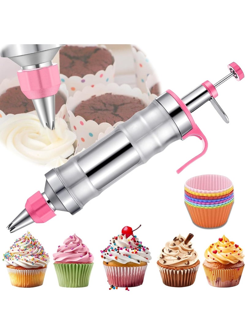 Dessert Decorating Syringe Set, Frosting Piping Kit Stainless Steels Cake Decorating Kit with 6 Piping Tips & 9 silicone cupcakes, Cupcake Decorating Kit Piping Bags and Tips Set - Image 1