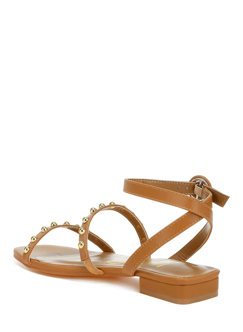 London Rag Studded Ankle Strap Flat Sandals in Tan