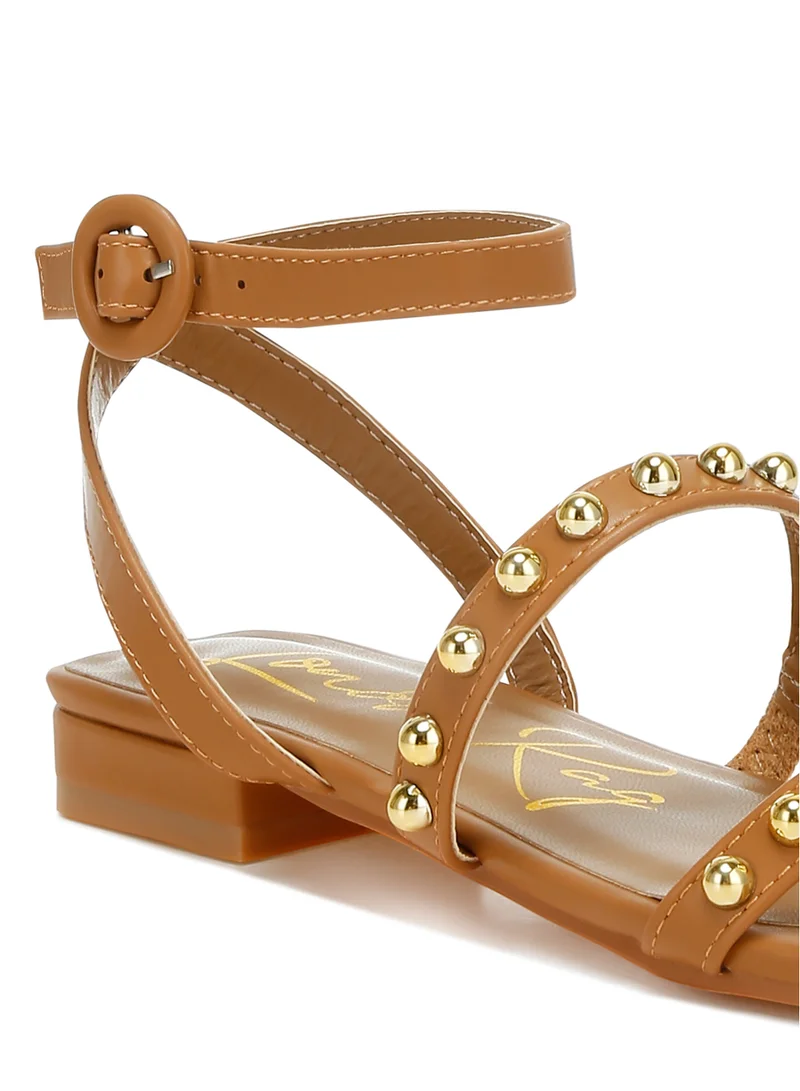 London Rag Studded Ankle Strap Flat Sandals in Tan