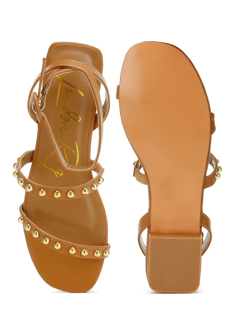 London Rag Studded Ankle Strap Flat Sandals in Tan
