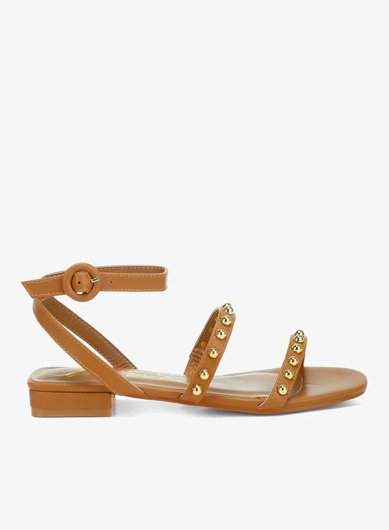 Studded Ankle Strap Flat Sandals in Tan