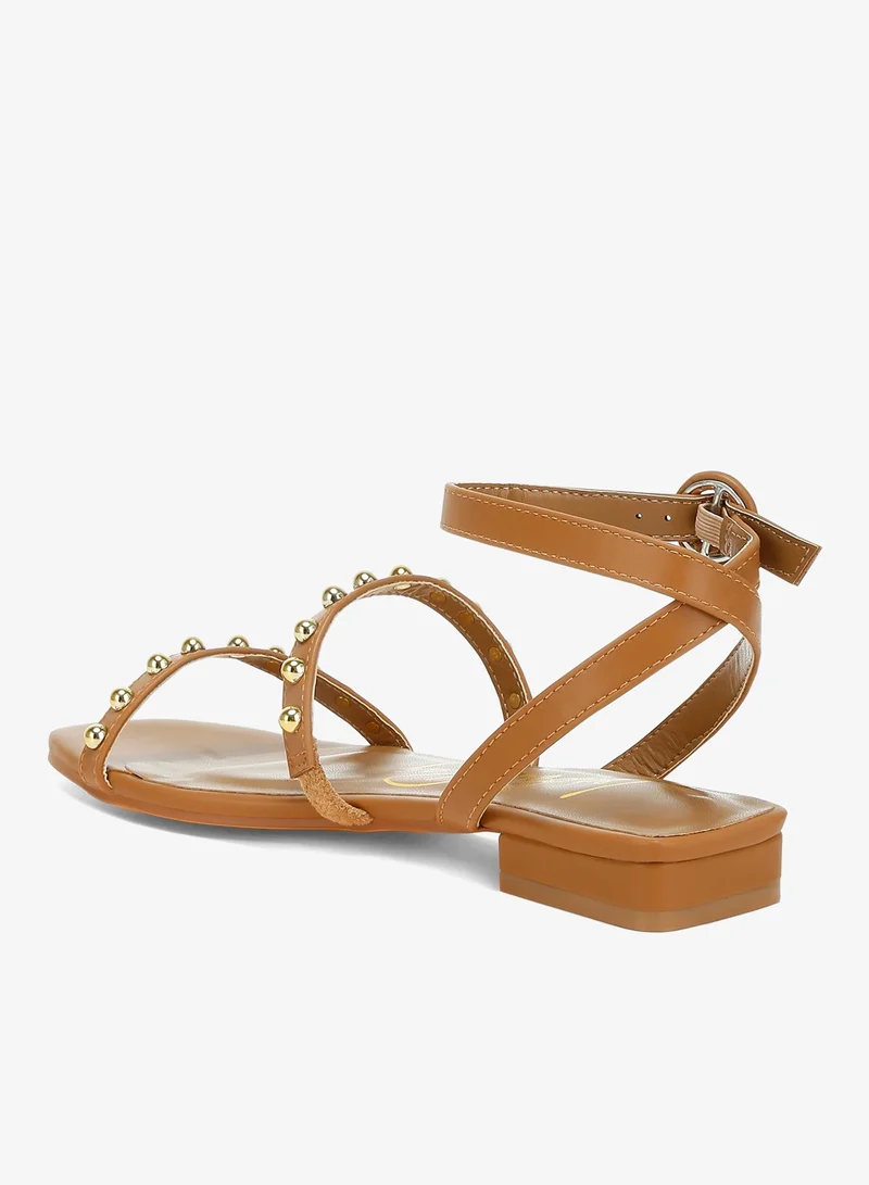 London Rag Tan Studded Ankle Strap Flat Sandals in Tan for Women | Best Price UAE