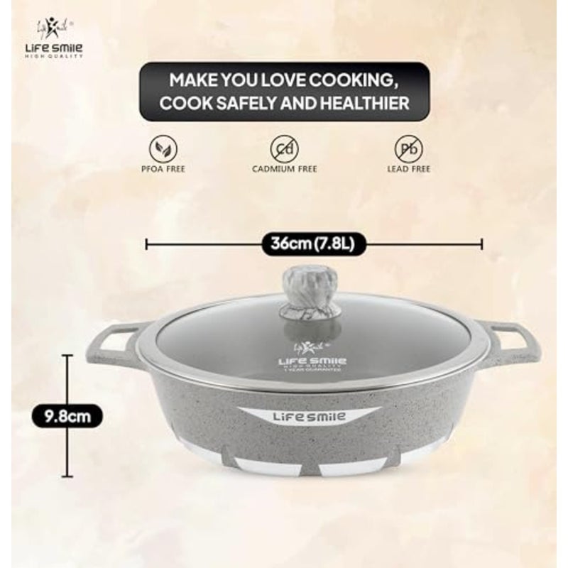 Shallow Pot with Lid for Cooking Granite Coating Non-Stick Multi-Layer PFOA-Free Grey Oven-Safe Frying Pan Scratch-Resistant Easy-Clean 36 CM, 7.8 L - Image 2