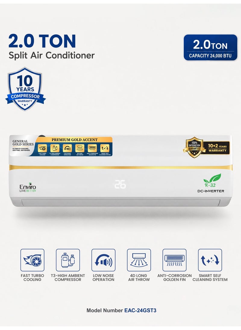 إنفيرو مكيف هواء سبليت عاكس تيار مستمر من إنفيرو، سعة 2 طن، طراز EAC-24GST3، ضاغط T3، غاز التبريد R32، سلسلة جنرال جولد، زعانف ذهبية مقاومة للتآكل، وضع التبريد التوربيني، تدفق هواء طويل المدى + تدفق هواء رباعي الأبعاد، وضع توفير الطاقة، وضع النوم، وقفل أمان للأطفال - Image 3