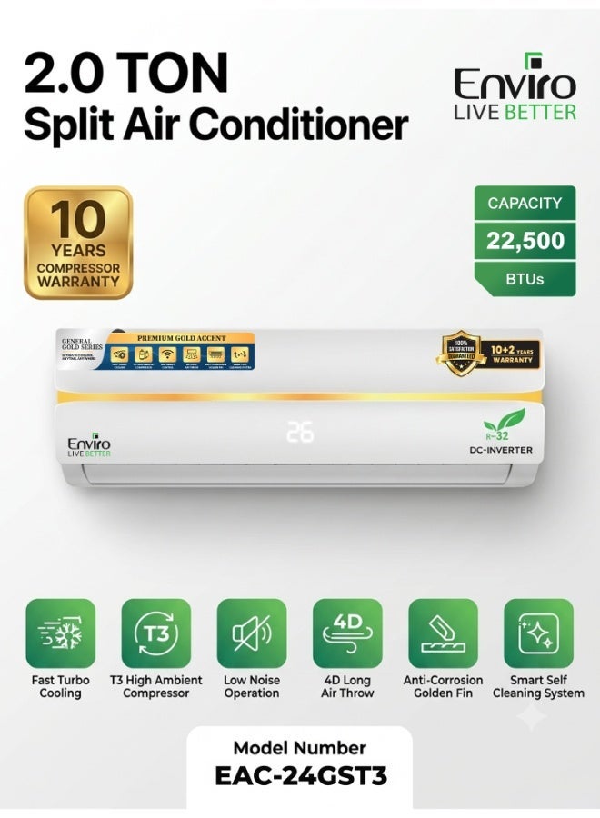 Enviro 2 Ton DC Inverter Split AC 22,500 BTU | T3 Rotary Compressor, R32, Anti-Corrosion Golden Fin, Turbo Cooling, 4D Airflow & 10-Year Compressor Warranty | EAC-24GST3 - Image 2