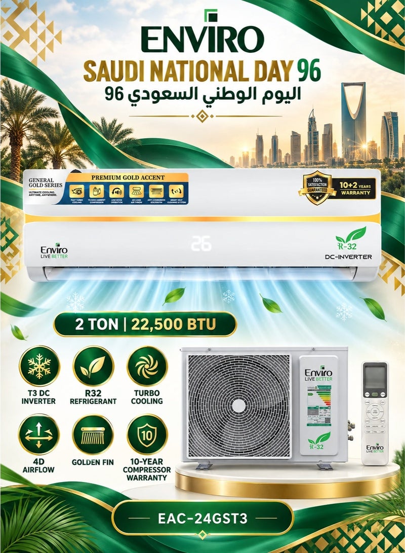 Enviro 2 Ton DC Inverter Split AC 22,500 BTU | T3 Rotary Compressor, R32, Anti-Corrosion Golden Fin, Turbo Cooling, 4D Airflow & 10-Year Compressor Warranty | EAC-24GST3 - Image 1