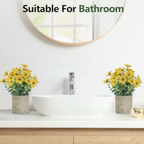 FAVOWREATH 2 Pack Small Fake Plants Potted Artificial Plants Artificial Flowers Potted Faux Flower Daisy with Eucalyptus Leaves for Home Decor Office Room Farmhouse Indoor Table Bathroom Decor（Yellow） - Image 4