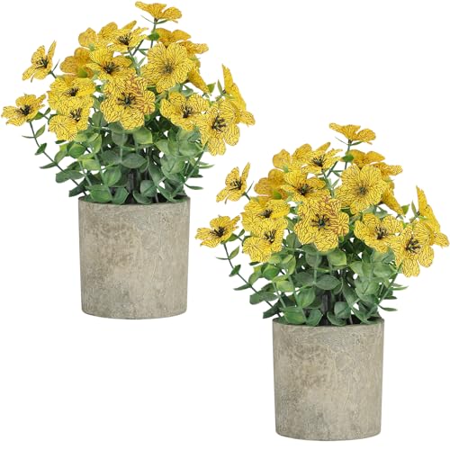 FAVOWREATH 2 Pack Small Fake Plants Potted Artificial Plants Artificial Flowers Potted Faux Flower Daisy with Eucalyptus Leaves for Home Decor Office Room Farmhouse Indoor Table Bathroom Decor（Yellow） - Image 1