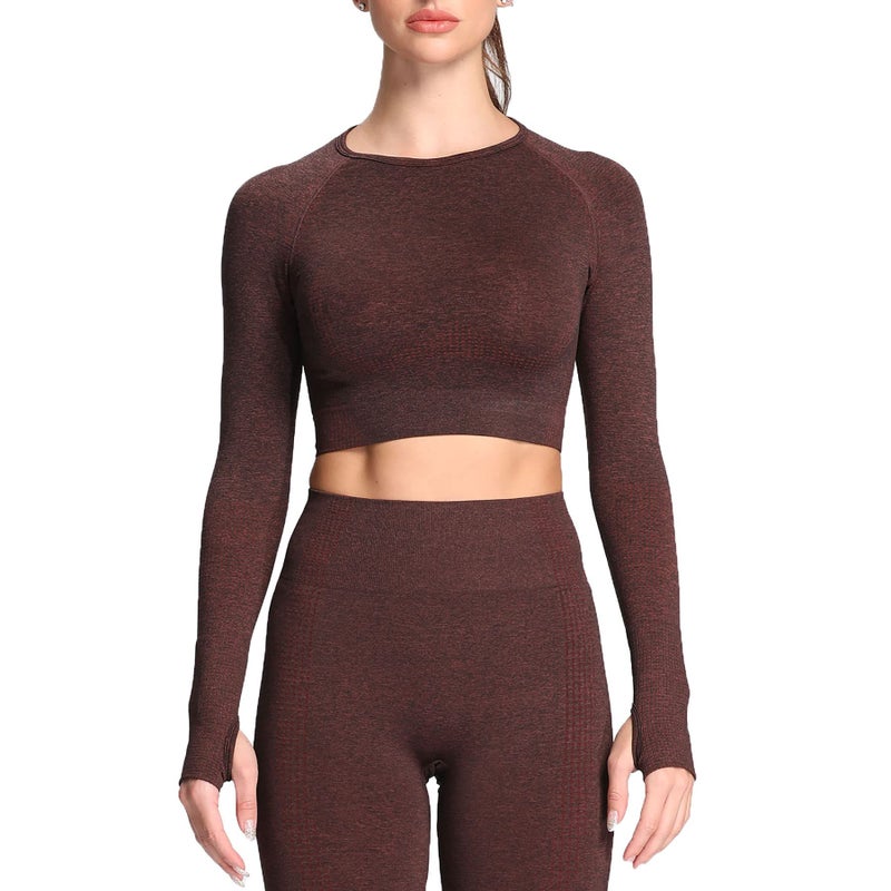 Aoxjox Long Sleeve Crop Tops for Women Workout Seamless Cropped T Shirt Top (1 Cherry Brown Marl, Small) - Image 1