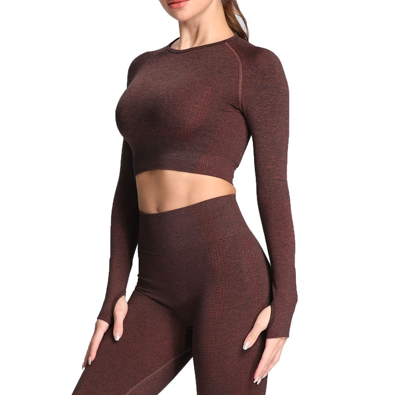 Aoxjox Long Sleeve Crop Tops for Women Workout Seamless Cropped T Shirt Top (1 Cherry Brown Marl, Small) - Image 2