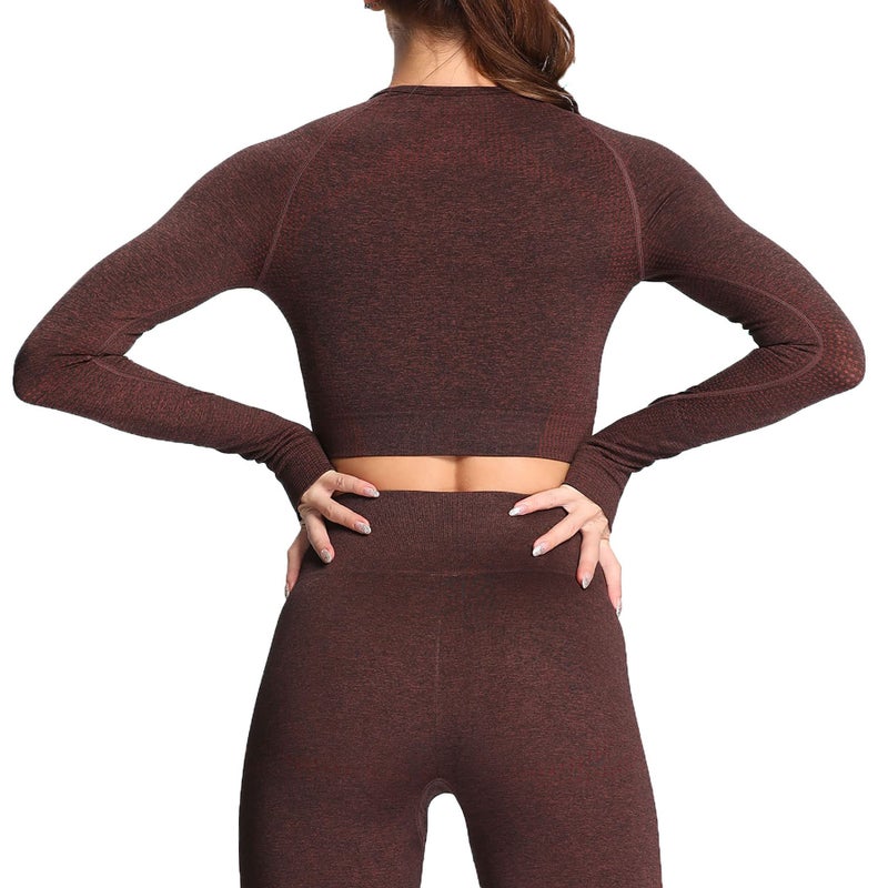Aoxjox Long Sleeve Crop Tops for Women Workout Seamless Cropped T Shirt Top (1 Cherry Brown Marl, Small) - Image 4