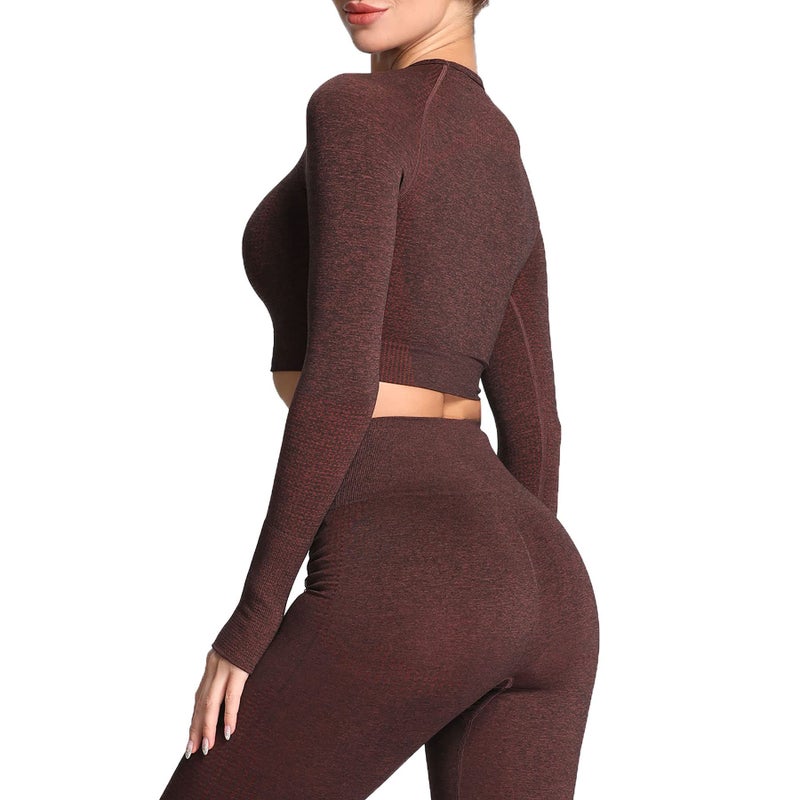 Aoxjox Long Sleeve Crop Tops for Women Workout Seamless Cropped T Shirt Top (1 Cherry Brown Marl, Small) - Image 3