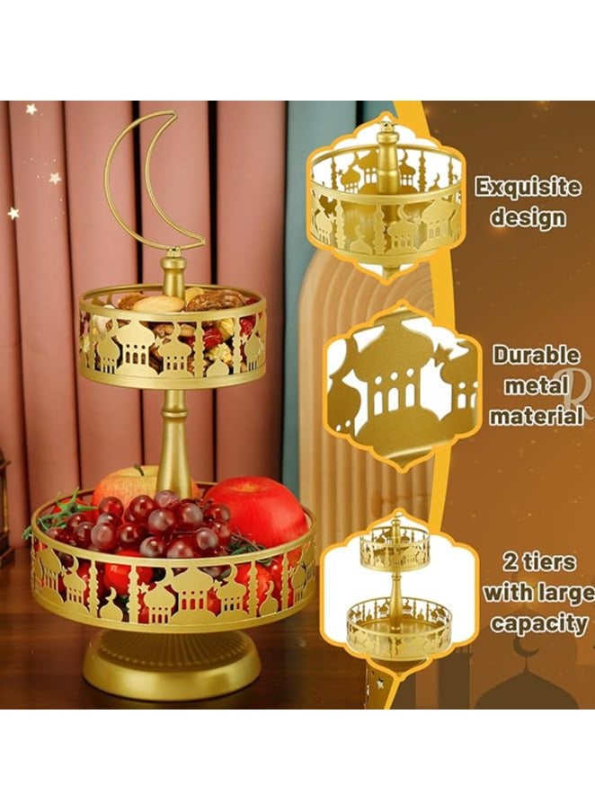 2 Tierd Ramadan Serving Trays, Eid Mubarak Metal Food Trays, Islam Muslim Palace Platters Table Decoration, Eid Al-Fitr Iftar Party Pastry Dessert Cookie Display Holder,  Golden - Image 2