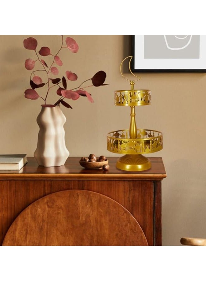 2 Tierd Ramadan Serving Trays, Eid Mubarak Metal Food Trays, Islam Muslim Palace Platters Table Decoration, Eid Al-Fitr Iftar Party Pastry Dessert Cookie Display Holder,  Golden - Image 4