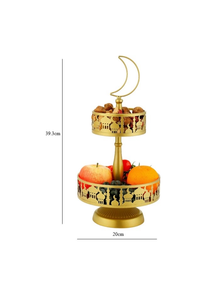 2 Tierd Ramadan Serving Trays, Eid Mubarak Metal Food Trays, Islam Muslim Palace Platters Table Decoration, Eid Al-Fitr Iftar Party Pastry Dessert Cookie Display Holder,  Golden - Image 5