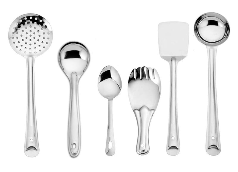 KC Stainless Steel Kitchen Tools Set, Ladle, Skimmer, Turner/Spatula, Basting, Serving Spoon and Rice Spoon Set of 6 - Image 5