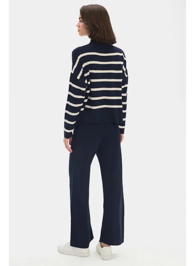 JUNE June Women Half-Neck Striped Knitwear Sweater Navy - Stone