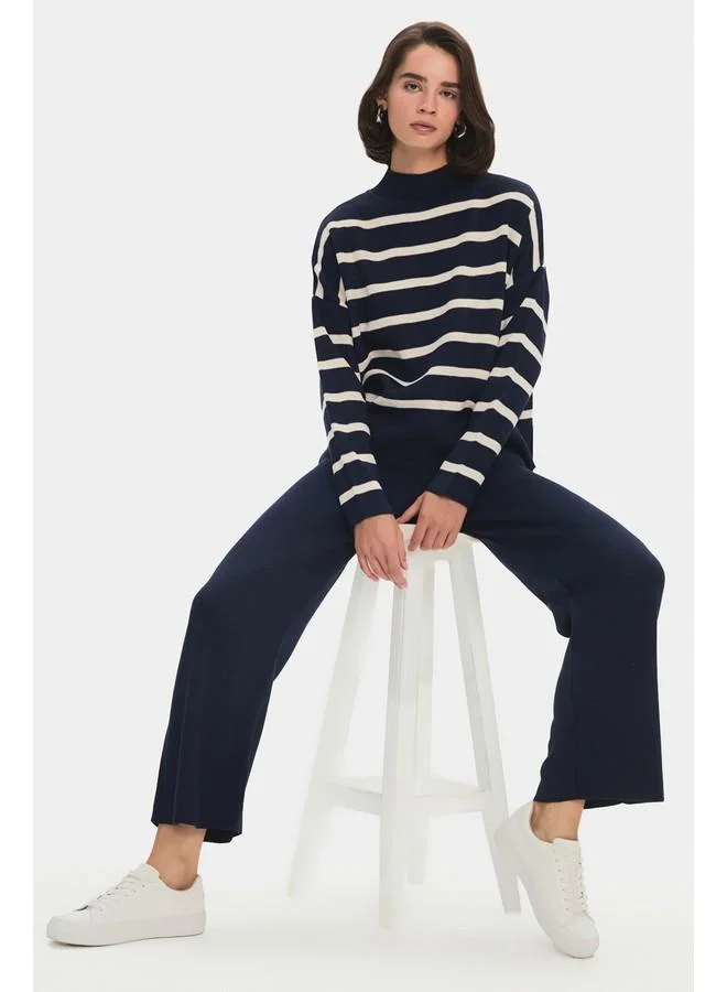 JUNE June Women Half-Neck Striped Knitwear Sweater Navy - Stone
