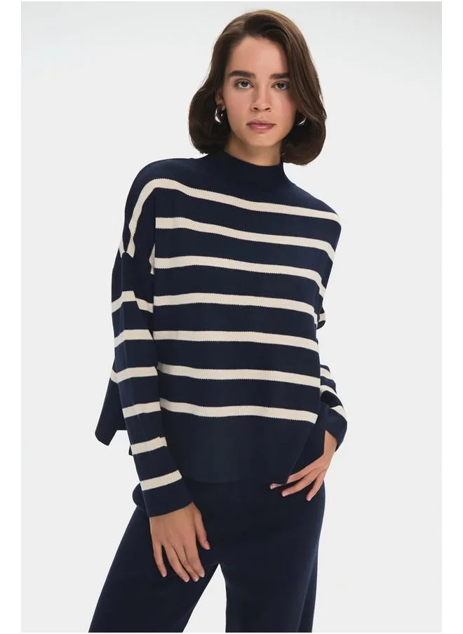 جون June Women Half-Neck Striped Knitwear Sweater Navy - Stone