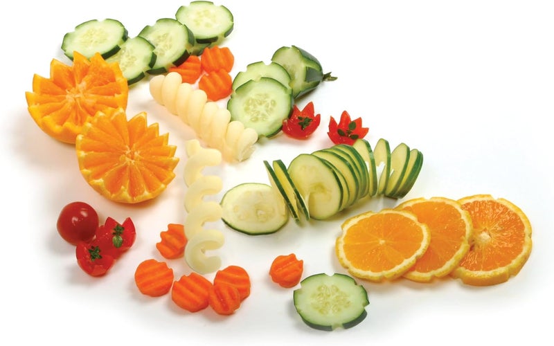 Norpro 5-Piece Garnishing Tool Set for Fruits and Vegetables - Spiral, Slice, Curl, and Crinkle Designs - Image 2