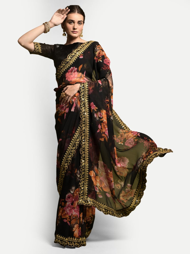 Dwiza Enterprise Women Georgette Floral Print Embroidered Sequin Work Lace Saree With Unstitched Banglori Satin Blouse Piece (Black) - Image 2