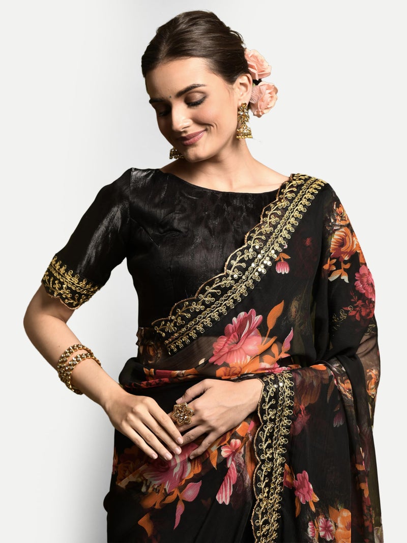 Dwiza Enterprise Women Georgette Floral Print Embroidered Sequin Work Lace Saree With Unstitched Banglori Satin Blouse Piece (Black) - Image 4