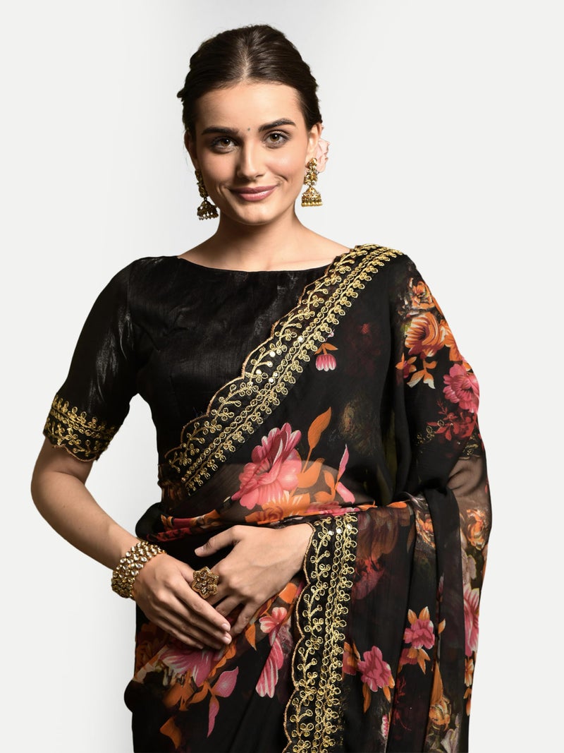 Dwiza Enterprise Women Georgette Floral Print Embroidered Sequin Work Lace Saree With Unstitched Banglori Satin Blouse Piece (Black) - Image 3
