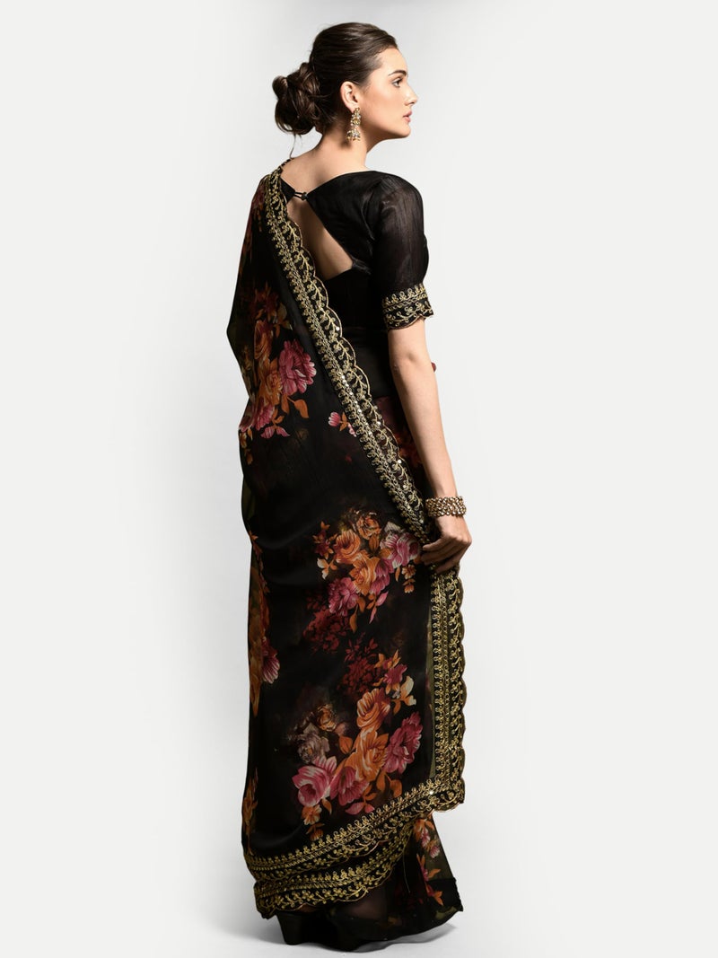 Dwiza Enterprise Women Georgette Floral Print Embroidered Sequin Work Lace Saree With Unstitched Banglori Satin Blouse Piece (Black) - Image 5